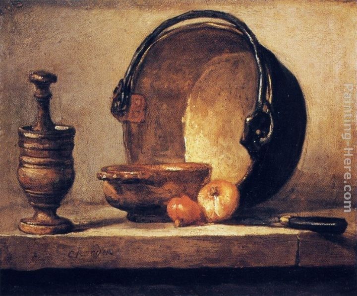 Jean Baptiste Simeon Chardin Still Life with Pestle, Bowl, Copper Cauldron, Onions and a Knife
